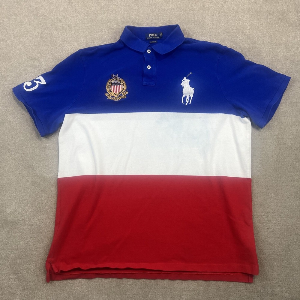 Polo Ralph Lauren Polo Shirt Mens XL Blue White Red Big Pony Crest Classic Fit